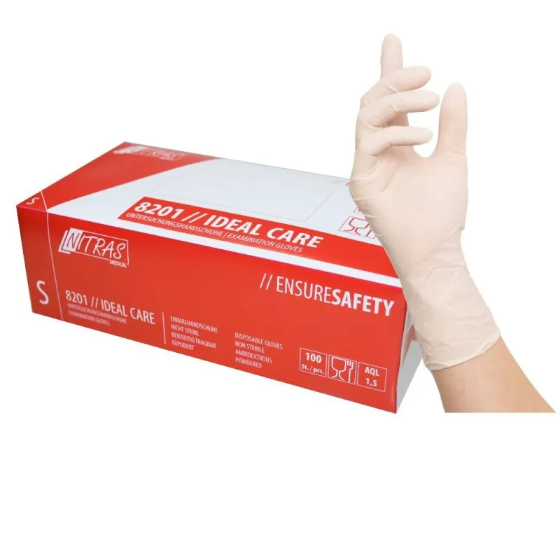 10 Boxen Einmalhandschuh NITRAS 8201 Ideal Care Latex, naturfarben, gepudert (Box à 100 Stück) Gr. XL