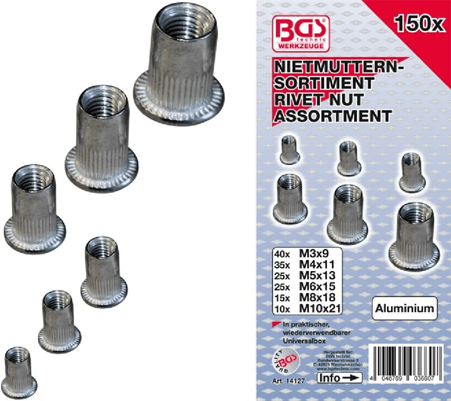 BGS Nietmuttern-Sortiment | Aluminium | 150-tlg. – 14127
