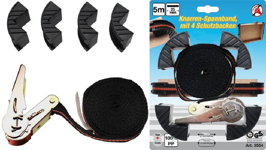 BGS DIY Knarren-Spannband | mit 4 Schutzbacken | 5 m x 25 mm – 3554