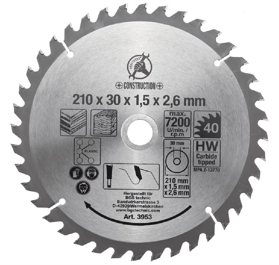 BGS DIY Hartmetall-Kreissägeblatt | Ø 210 x 30 x 2,6 mm | 40 Zähne – 3953