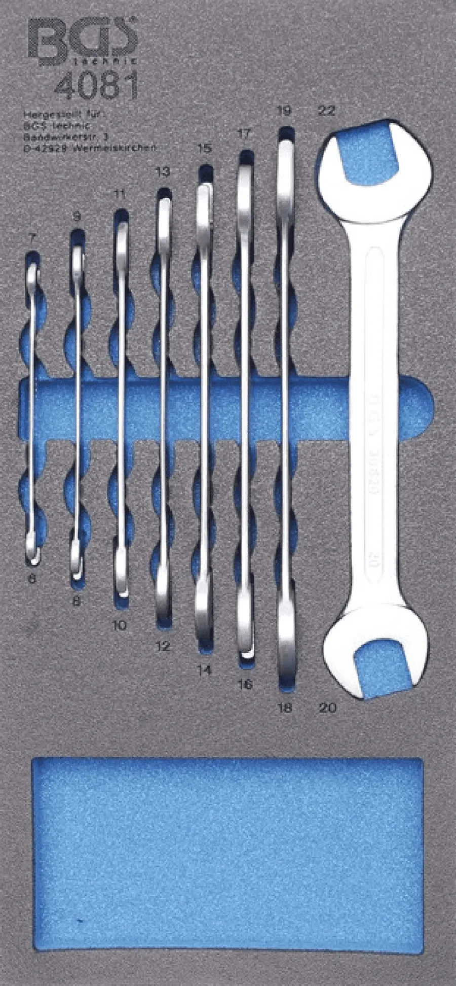 BGS Werkstattwageneinlage 1/3: Doppel-Maulschlüssel-Satz | SW 6 - 22 mm | 8-tlg. – 4081