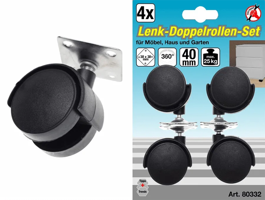 BGS DIY Doppel-Lenkrollen-Satz | Ø 40 mm | 4-tlg. – 80332