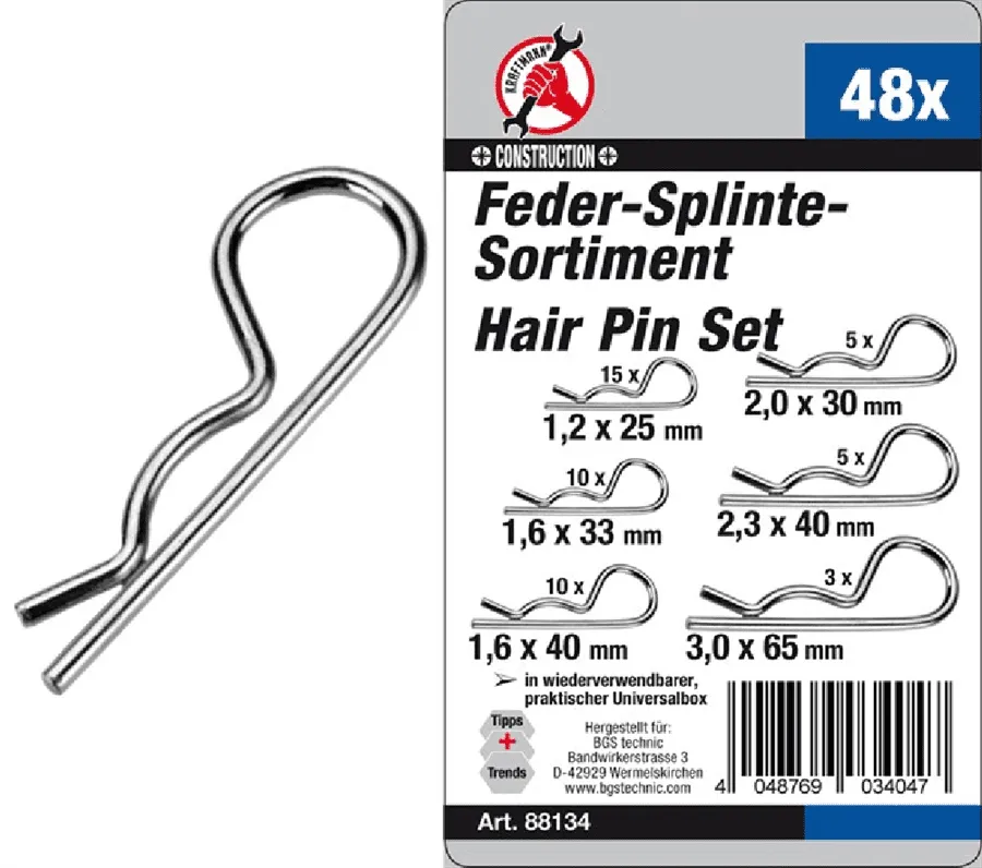 BGS DIY Federsplinte-Sortiment | Ø 1,2 - 3,0 mm | 48-tlg. – 88134