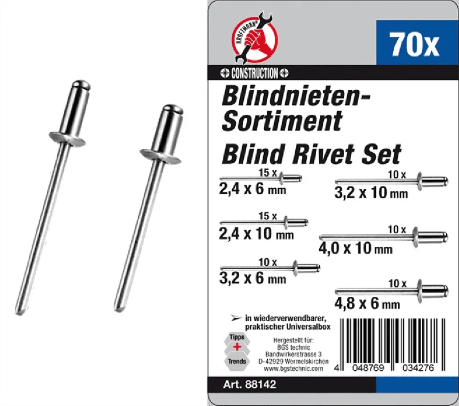 BGS DIY Blindnieten-Sortiment | Ø 2,4 - 4,8 mm | 70-tlg. – 88142