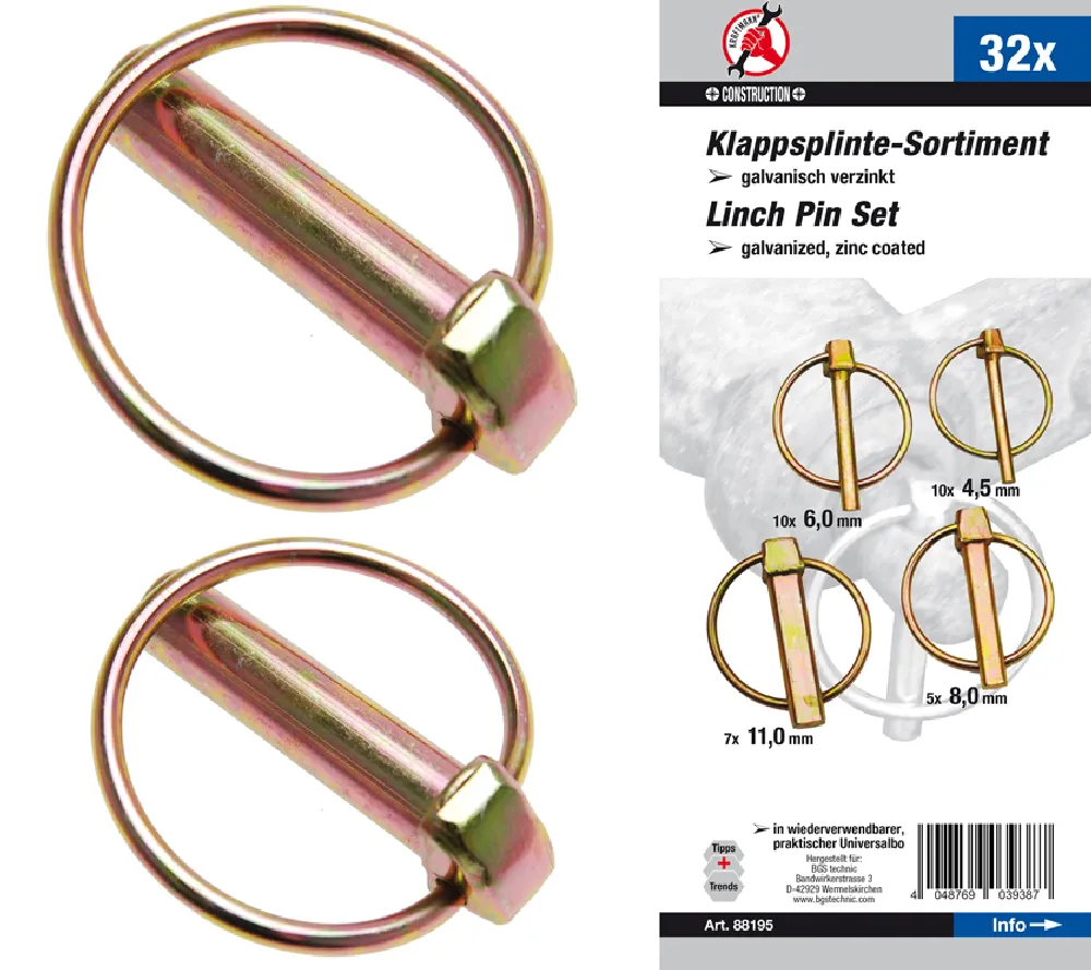 BGS DIY Klappsplinte-Sortiment | Bolzen-Ø 4,5 - 11 mm | 32-tlg. – 88195
