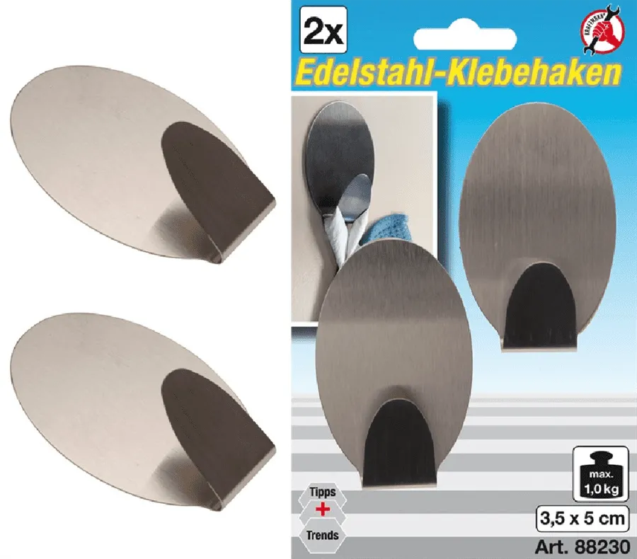 BGS DIY Edelstahl-Klebehaken | 35 x 50 mm | 1,0 kg | 2-tlg. – 88230