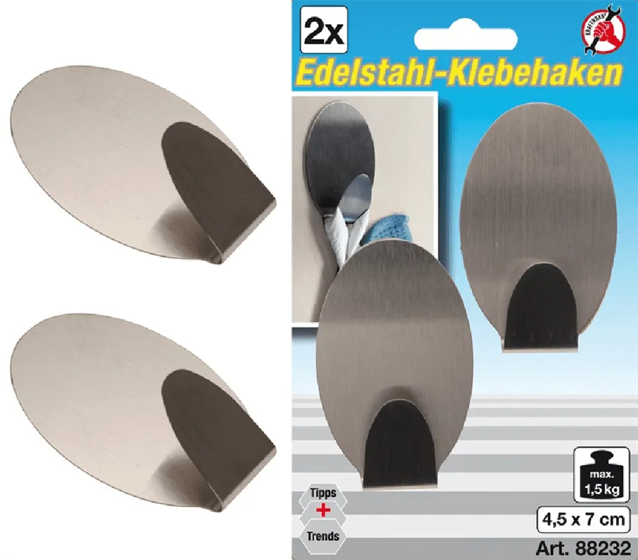 BGS DIY Edelstahl-Klebehaken | 45 x 70 mm | 1,5 kg | 2-tlg. – 88232