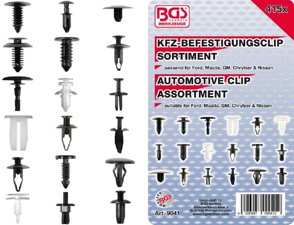 BGS Kfz-Befestigungsclip-Sortiment für Ford, Mazda, GM, Chrylser, Nissan | 415-tlg. – 9041