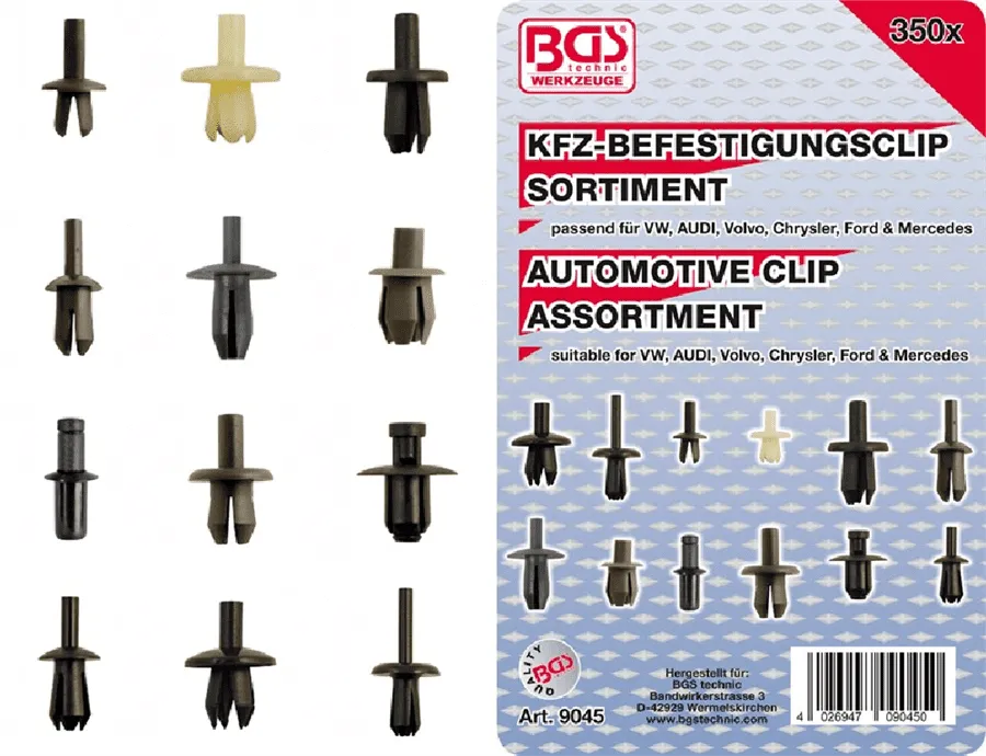 BGS Kfz-Befestigungsclip-Sortiment für VW, Audi, Volvo, Chrysler, Ford, Mercedes-Benz | 350-tlg. – 9045