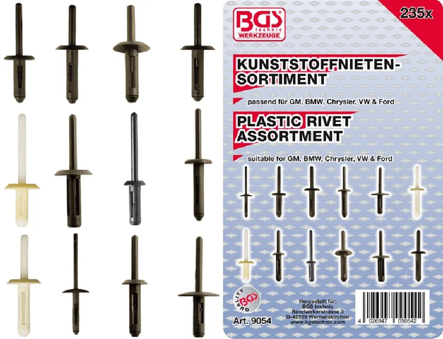 BGS Kunststoffnieten-Sortiment | für GM, BMW, Chrysler, VW, Ford | 235-tlg. – 9054
