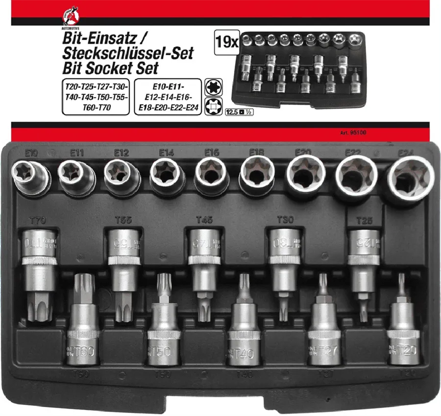 BGS DIY Bit-Einsatz-/Steckschlüssel-Satz | Antrieb Innensechskant 12,5 mm (1/2") | T-Profil (für Torx)/E-Profil | 19-tlg. – 95100