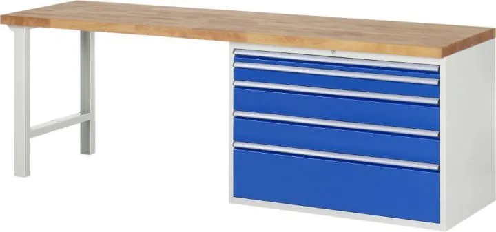 RAU Werkbank Modell 7711 B2500 x T700 x H840 mm, Gestell RAL7035, Ausstatung RAL5010