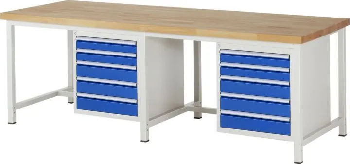 RAU Werkbank Modell 8171 B2500 x T900 x H840 mm, Gestell RAL7035, Ausstatung RAL5010