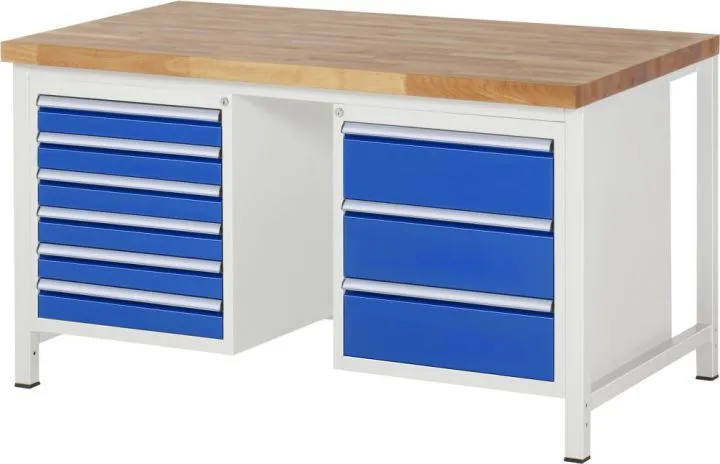 RAU Werkbank Modell 8183 B1500 x T900 x H840mm, Gestell RAL7035, Ausstatung RAL5010