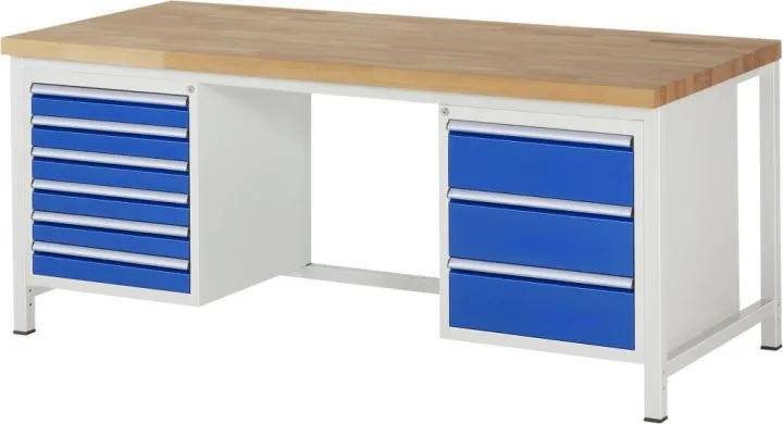 RAU Werkbank Modell 8183 B2000 x T900 x H840 mm, Gestell RAL7035, Ausstatung RAL5010