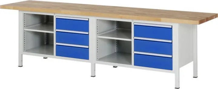 RAU Werkbank Modell 8462 B3000 x T700 x H840 mm, Gestell RAL7035, Ausstatung RAL5010