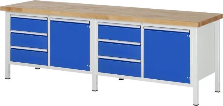 RAU Werkbank Modell 8468 B2500 x T700 x H840 mm, Gestell RAL7035, Ausstatung RAL5010