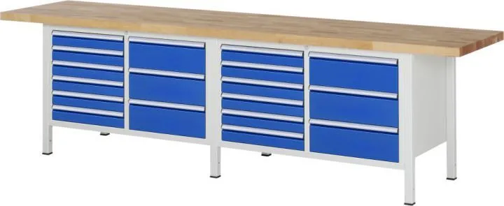 RAU Werkbank Modell 8479 B3000 x T700 x H840 mm, Gestell RAL7035, Ausstatung RAL5010