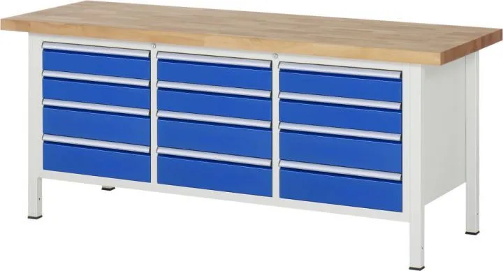 RAU Werkbank Modell 8579 B2000 x T700 x H840 mm, Gestell RAL7035, Ausstatung RAL5010