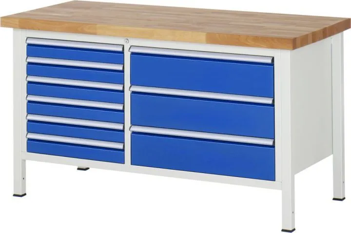 RAU Werkbank Modell 8653 B1500 x T700 x H840 mm, Gestell RAL7035, Ausstatung RAL5010