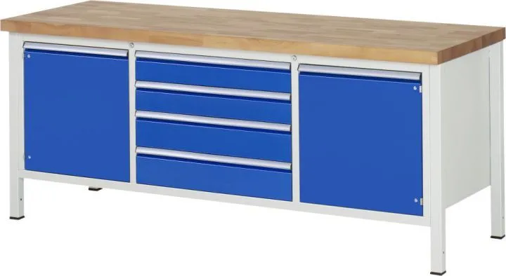 RAU Werkbank Modell 8752 B2000 x T700 x H840 mm, Gestell RAL7035, Ausstatung RAL5010