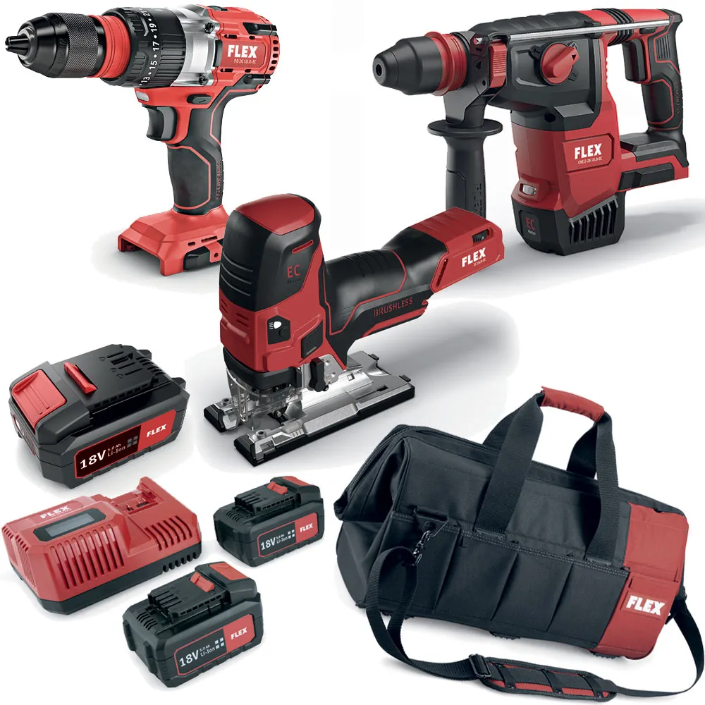FLEX PACK Akku Bohrhammer Stichsäge Schlagschrauber 3x Akku + LG + Tasche