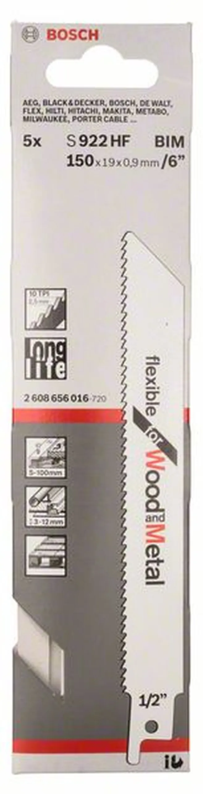 BOSCH Säbelsägeblatt S 922 HF Flexible for Wood and Metal einzeln 2608656016