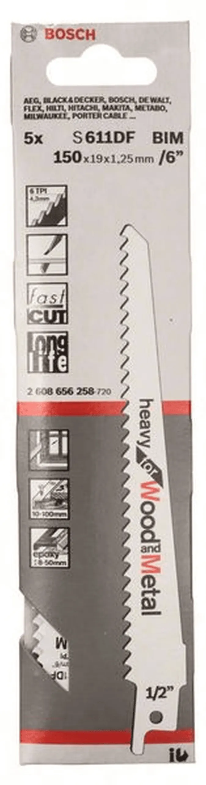 BOSCH Säbelsägeblatt S 611 DF Heavy for Wood and Metal 5 x 5er-Pack 2608656258