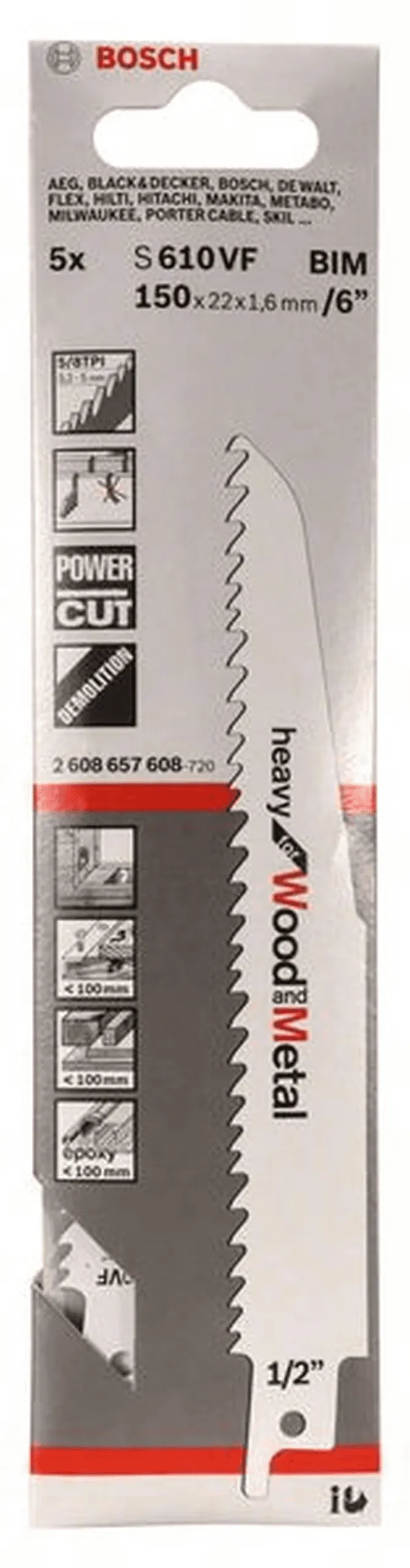 BOSCH Säbelsägeblatt S 610 VF Heavy for Wood and Metal 5er-Pack 2608657608