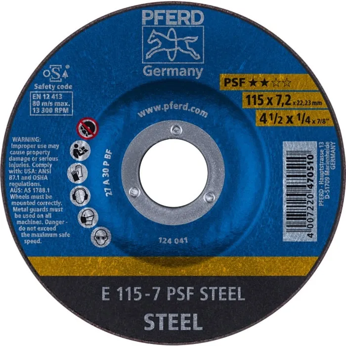 Schruppscheibe PSF STEEL D115xS7,2mm gekr.STA Bohr.22,23mm PFERD VE: 10St.