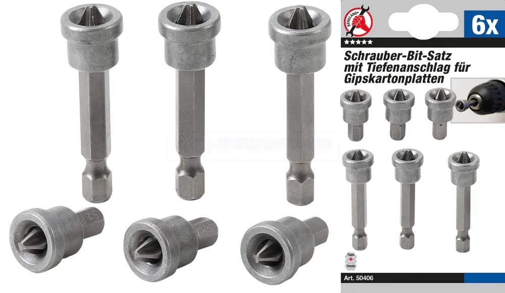 BGS DIY Bit-Satz mit Tiefenstopp | für Gipskartonplatten | 6,3 mm (1/4") | Kreuzschlitz PH2 | 6-tl