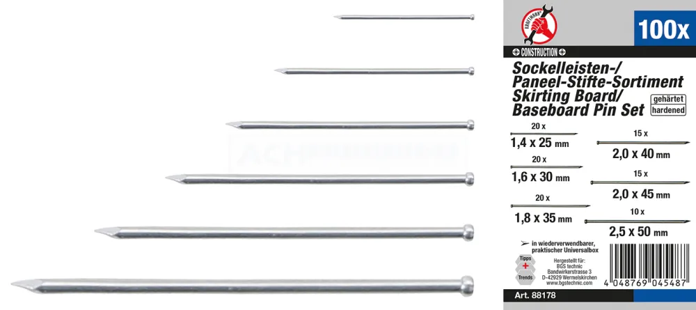 BGS DIY Sockelleisten- / Paneel-Stifte-Sortiment | 100-tlg. – 88178