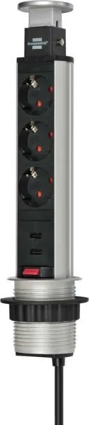 Brennenstuhl Tischsteckdosenleiste Tower Power 3 fach versenkbar mit 2 fach USB 2 m Kabel