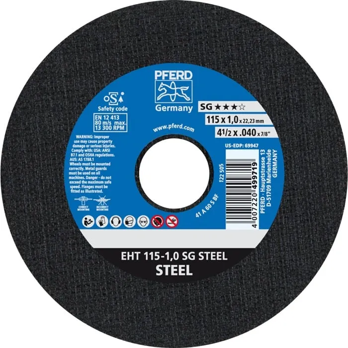 Trennscheibe SG STEEL D115x1mm ger.STA Bohr.22,23mm PFERD VE: 25St.