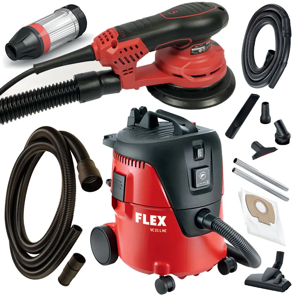 FLEX Elektroexzenterschleifer ORE 150 EC + Sauger VC 21 L MC + Schlauch 4m antistatisch