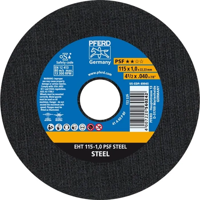 Trennscheibe PSF STEEL D115x1mm ger.STA Bohr.22,23mm PFERD VE: 25St.