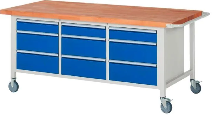 Rau Werkbänke Fahrbare Werkbank 8573 2000 x 900 x 880 bis 1080 mm 9 Schubladen in blau