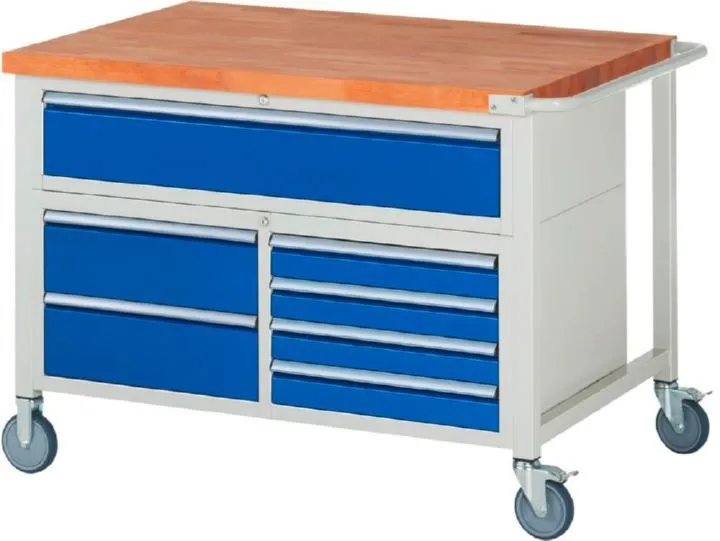 Rau Werkbänke Fahrbare Werkbank 8921 1250 x 900 x 920 bis 1120 mm 7 Schubladen in blau