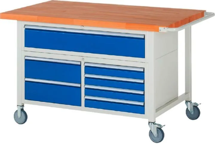 Rau Werkbänke Fahrbare Werkbank 8921 1500 x 900 x 920 bis 1120 mm 7 Schubladen in blau