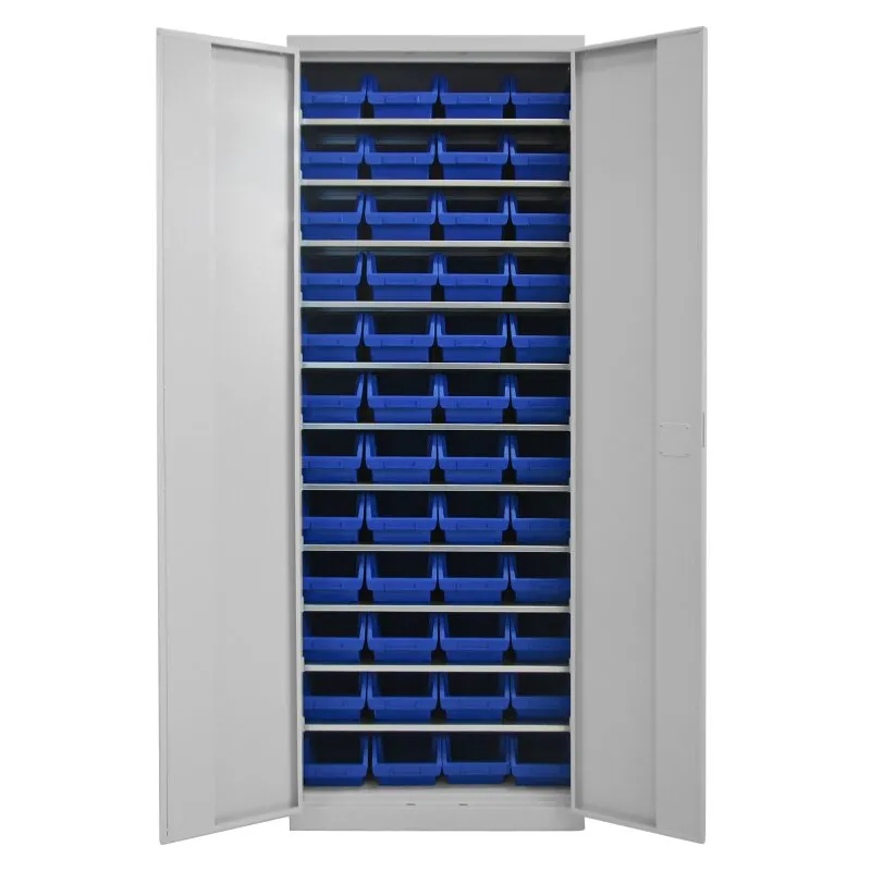 Werkzeugschrank mit 11 Fachböden und 48 Sichtlagerkästen blau